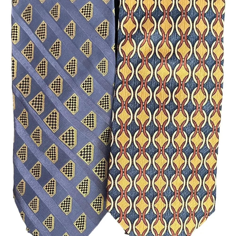 Lands' End Men's Ties Set Of Two 100% Silk Neck Ties Geometric‎ Blue Yellow EUC